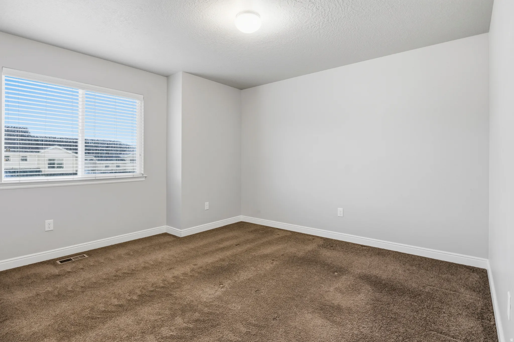 Spacious room featuring neutral painted walls, brown carpeting, and white baseboards