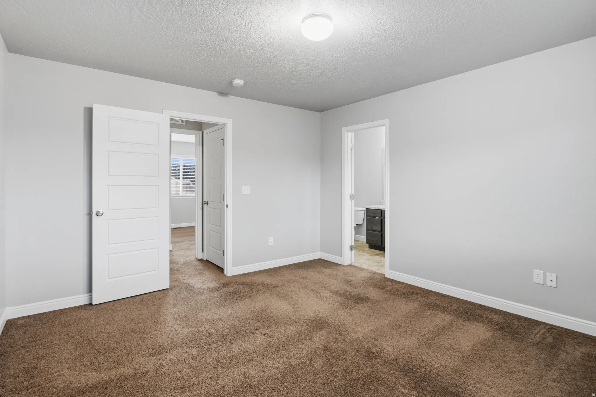 Room featuring neutral gray walls and brown carpeting