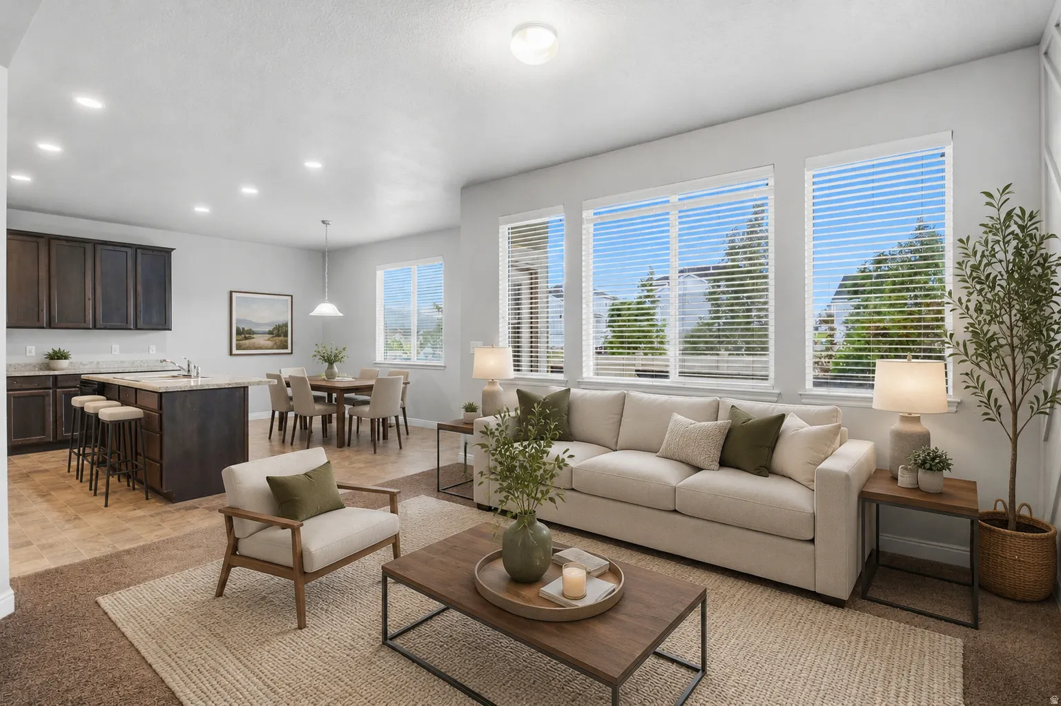 AI Staging -Open-concept living space featuring multiple windows, recessed lighting, and durable flooring