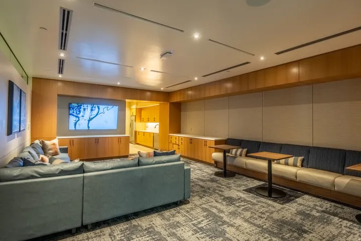 Recessed lighting, wood-finish cabinetry, built-in media center, and integrated kitchenette
