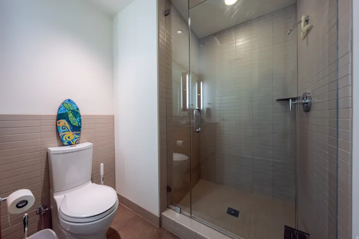 Shower enclosure with glass door and tile surround