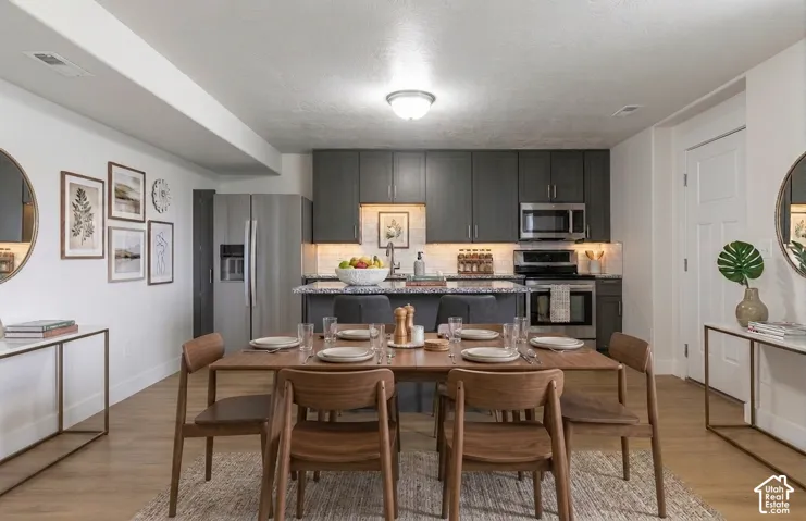 Contemporary kitchen featuring dark cabinetry, stainless steel appliances, and a tiled backsplash