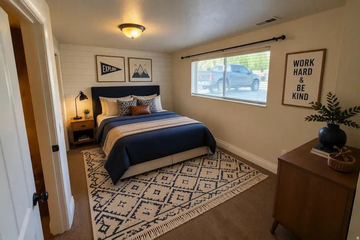 Room featuring a window with horizontal blinds, overhead flush mount light fixture, and wood-finish flooring