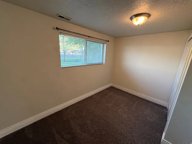 Neutral wall finishes, recessed window, and textured carpeting