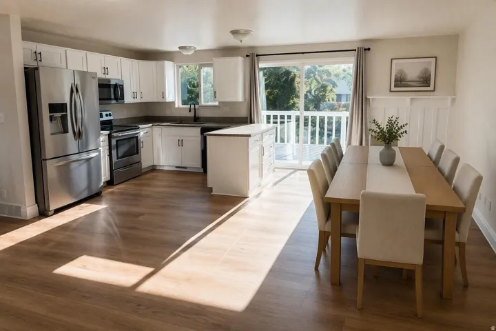 Open-concept kitchen and dining area featuring stainless steel appliances, white cabinetry with hardware accents, a large center island with seating, and wood-finish flooring throughout