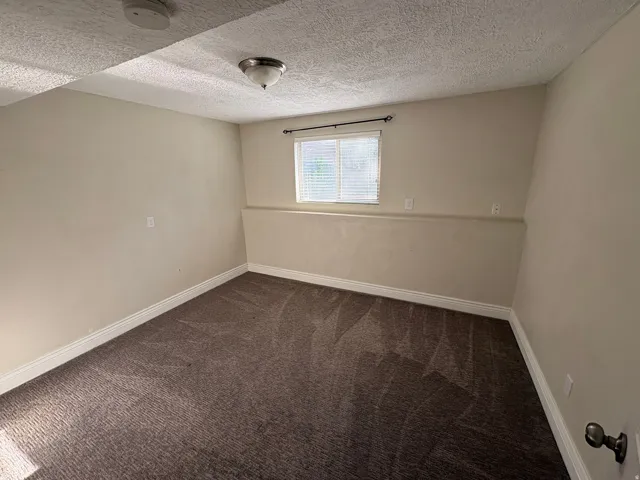 Carpeted room featuring a window with blinds, baseboard trim, and a ceiling-mounted light fixture