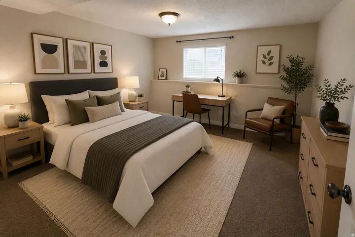Neutral color palette throughout, featuring carpeted flooring