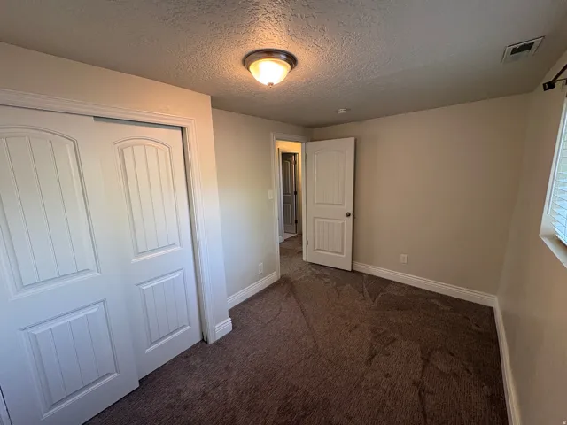 Carpeted room with a ceiling-mounted light fixture, white trim, and a window with blinds