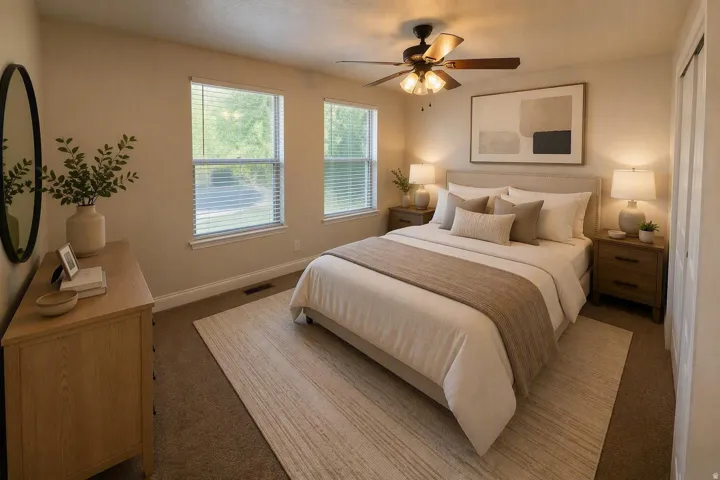 Recessed lighting, ceiling fan with light fixture, two windows with blinds, wood-finish headboard, and dual-door closet