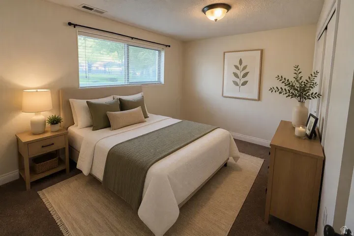 Window with blinds, wall-mounted light fixture, light brown wood-finish dresser, light brown wood-finish nightstand, built-in closet with sliding doors