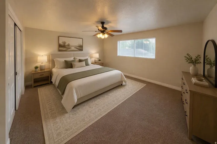 Carpeted flooring, white bi-fold closet doors, ceiling fan with light fixture, and a window with blinds