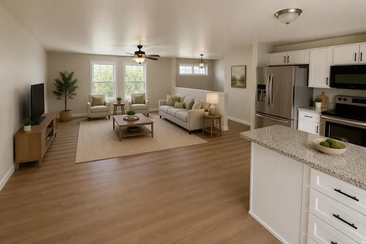 Open-concept living space featuring wood-finish flooring throughout, a chef's kitchen with white cabinetry, stainless steel appliances, and a granite-style countertop island, complemented by a spacious great room with large multi-pane windows, ceiling fan