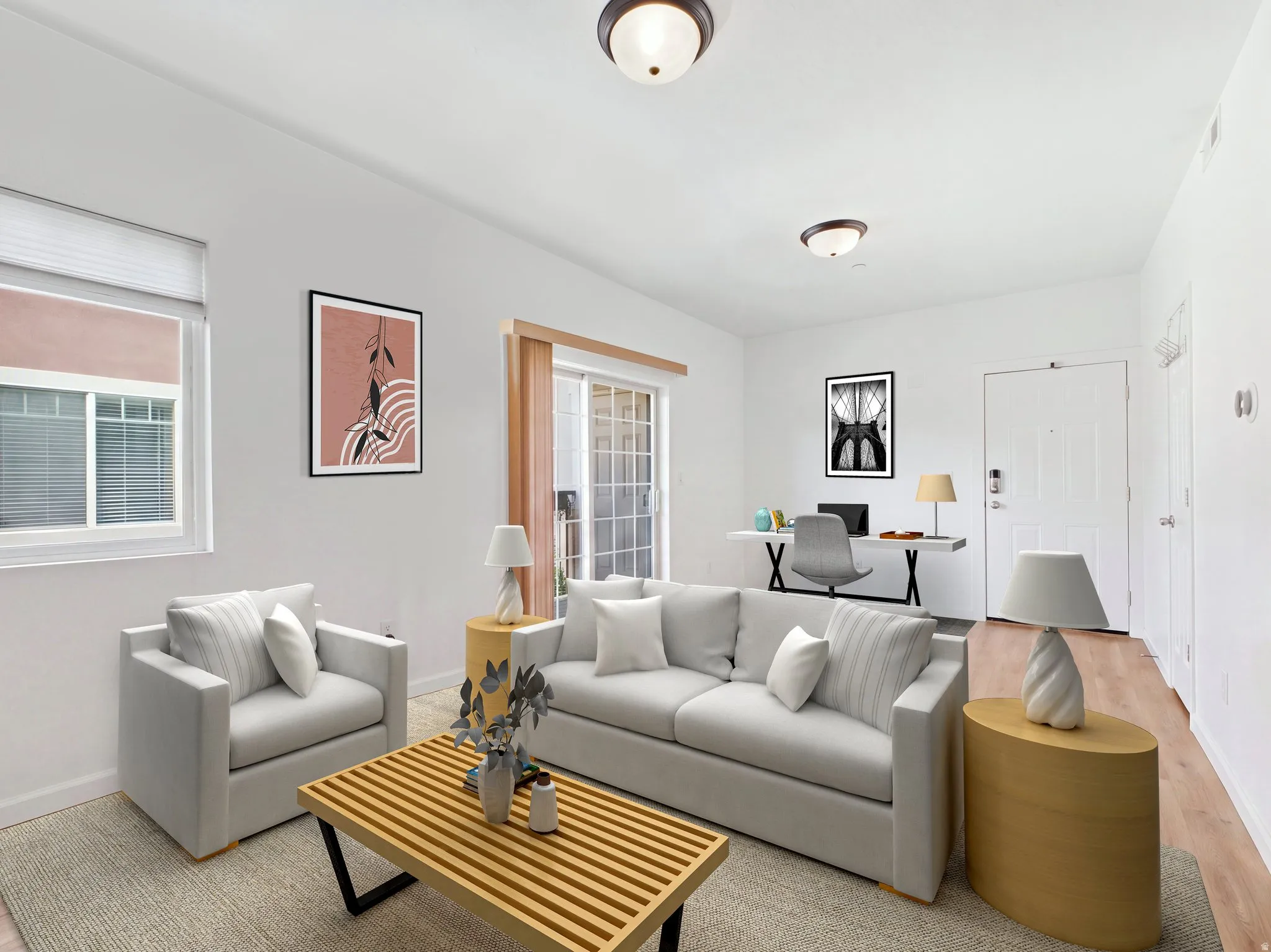 White walls throughout with wood-finish flooring