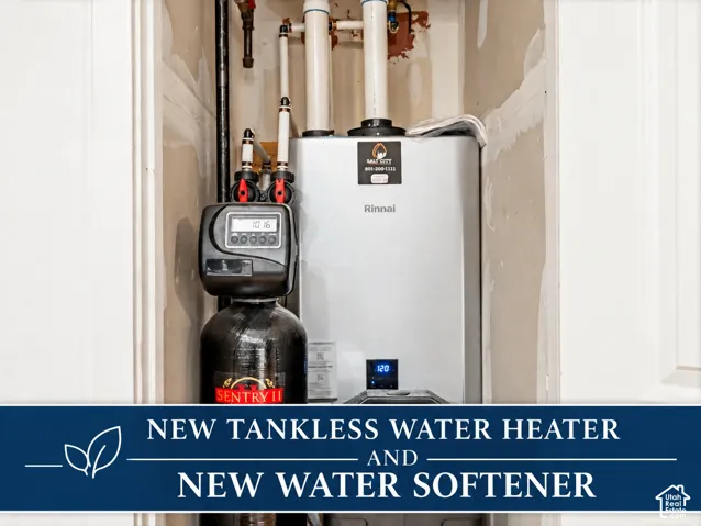 Tankless high efficiency water heater with water softener. Efficient, endless hot water. Water softener for cleaner dishes/clothes