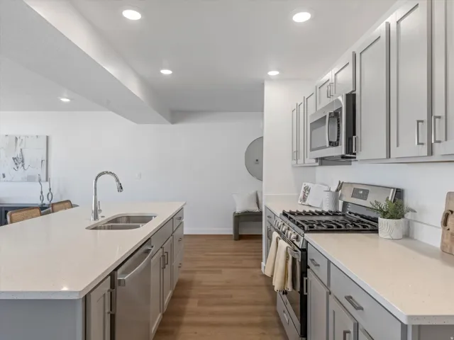 Contemporary kitchen featuring a center island with double basin sink, stainless steel appliances, shaker-style cabinetry, and wood-finish flooring