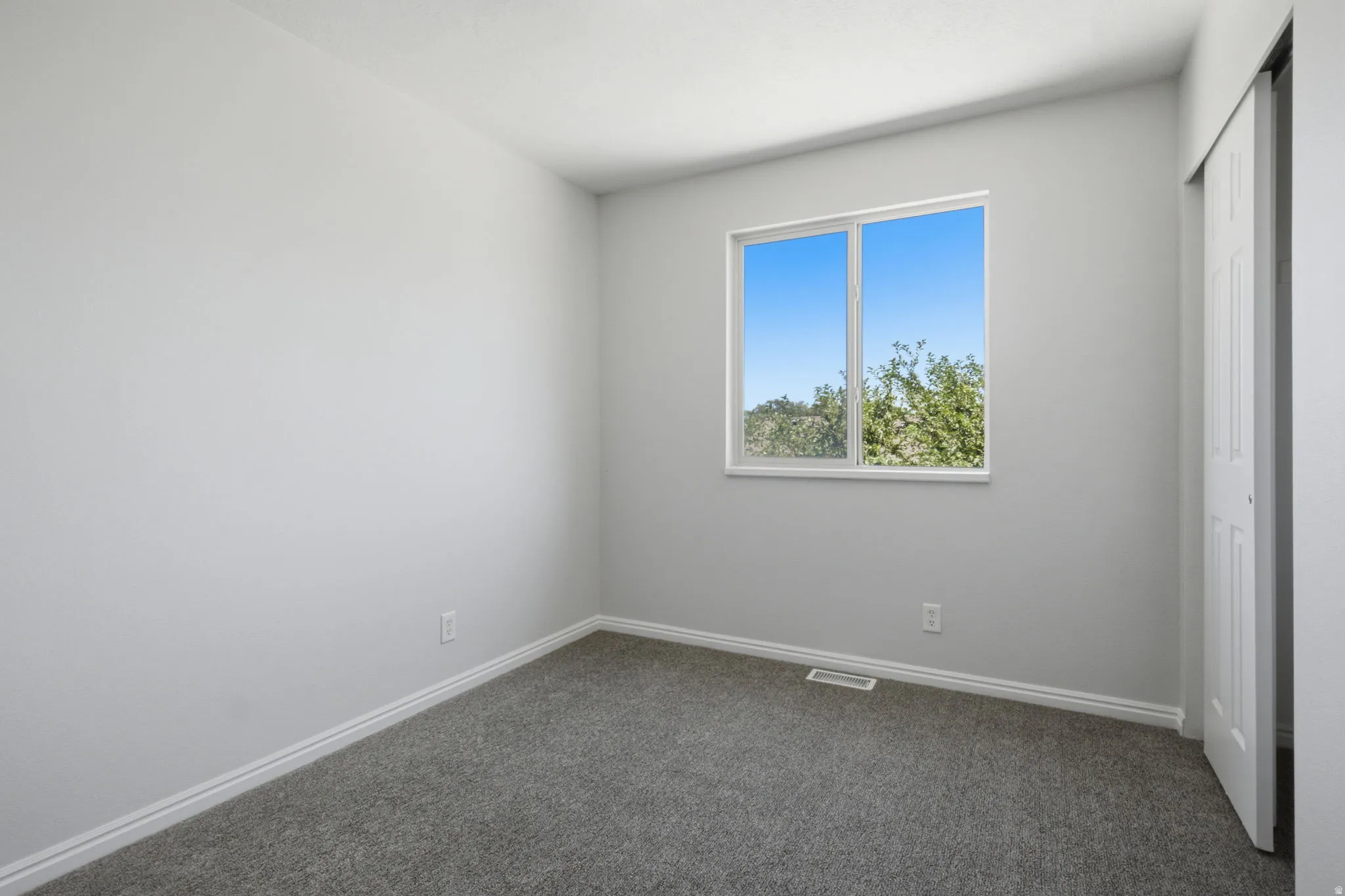 Room with soft gray wall color, white trim, and gray carpet flooring