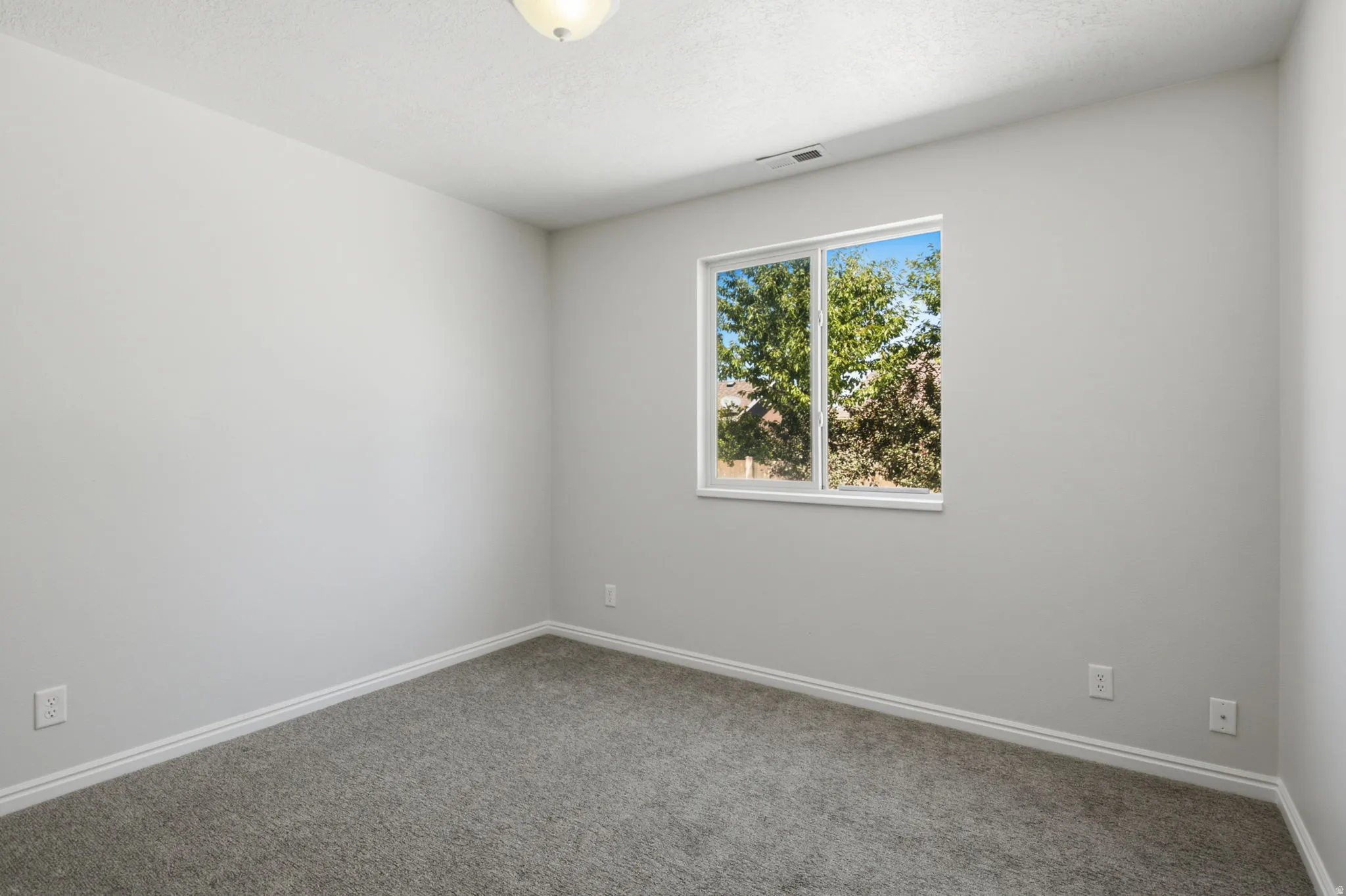Room featuring light gray wall paint, gray carpet flooring, and white trim
