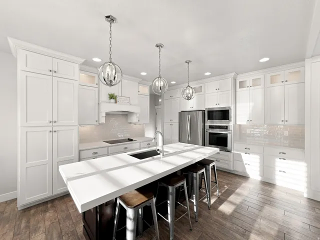Modern kitchen featuring white cabinetry, a large center island with a built-in sink, stainless steel appliances, wood-finish flooring, and pendant lighting