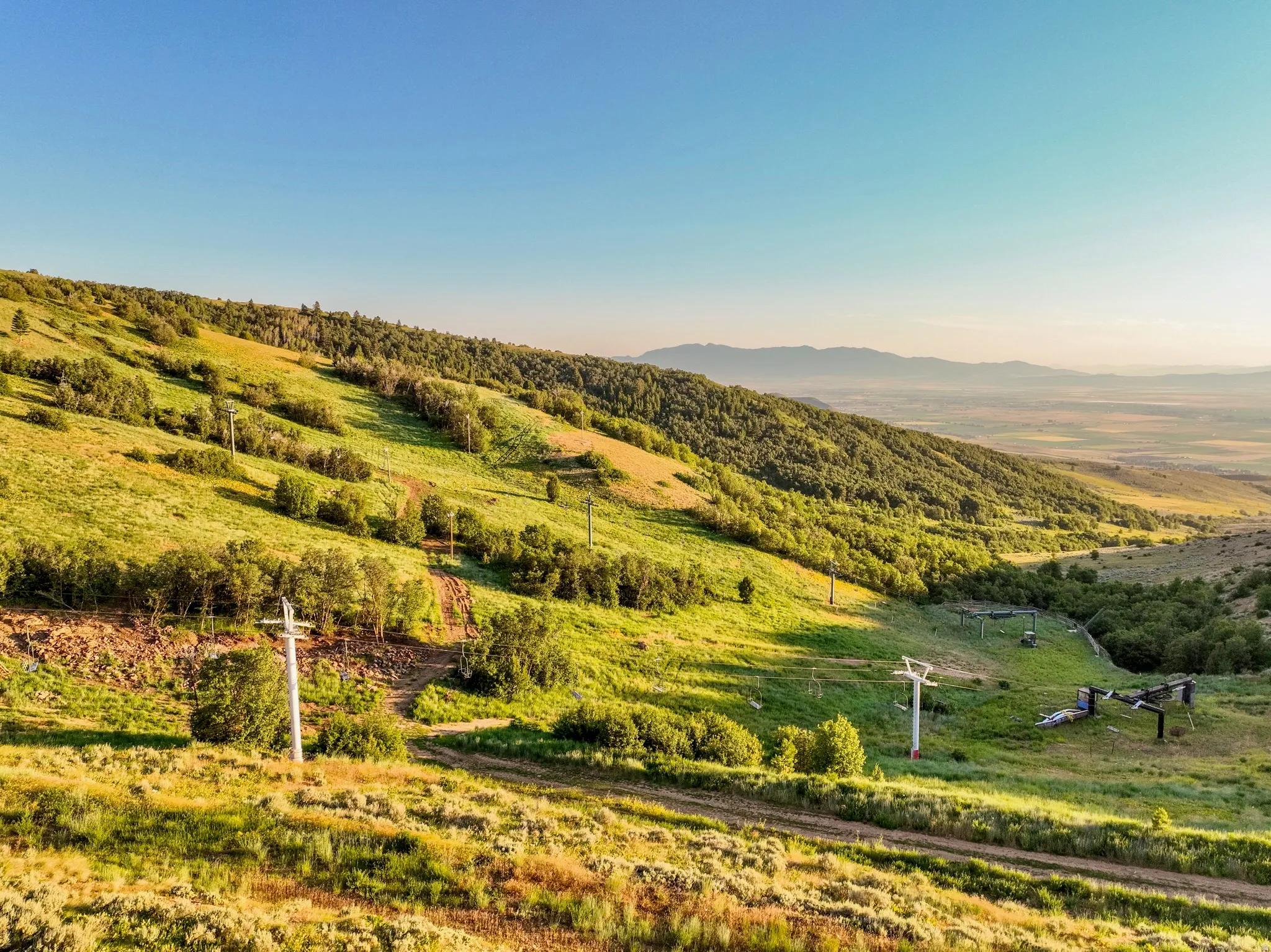 Expansive hillside terrain featuring verdant slopes, scattered mature trees, and visible ski lift infrastructure