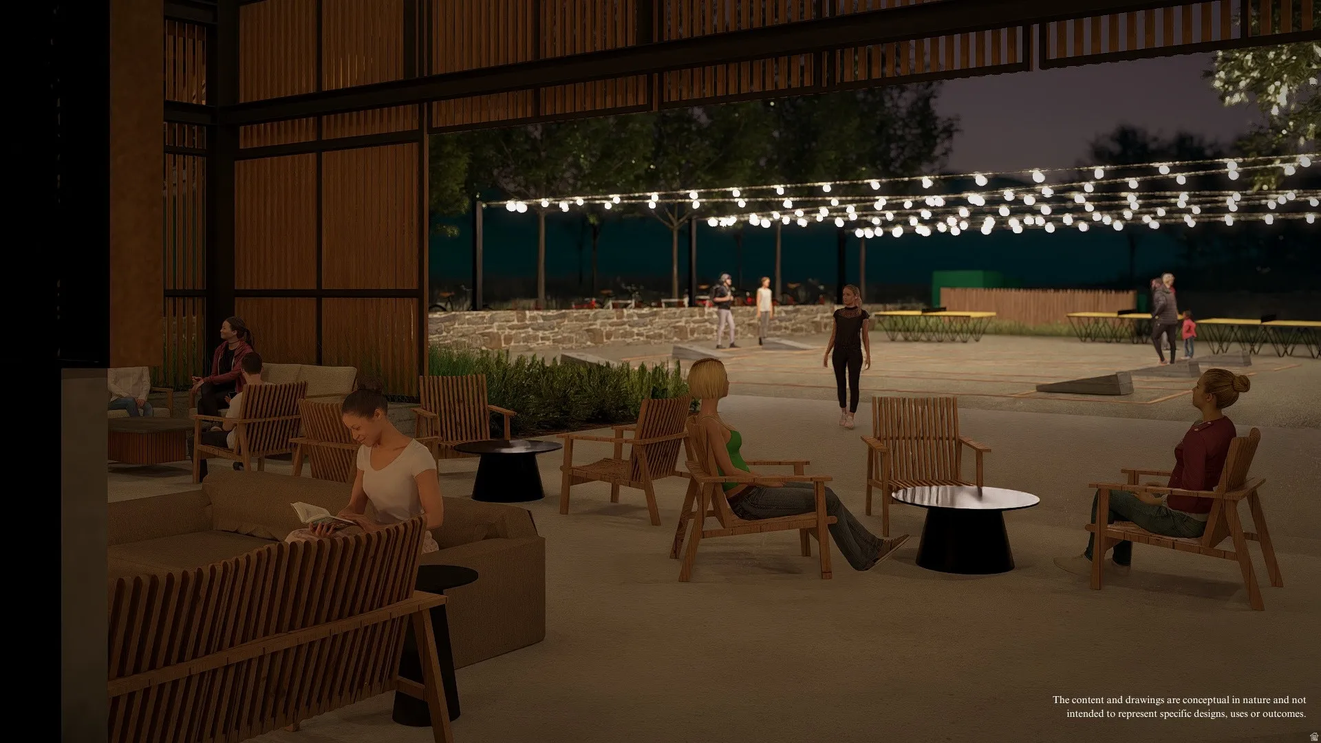Open-air lounge area featuring slatted wood wall panels and exposed beam ceiling