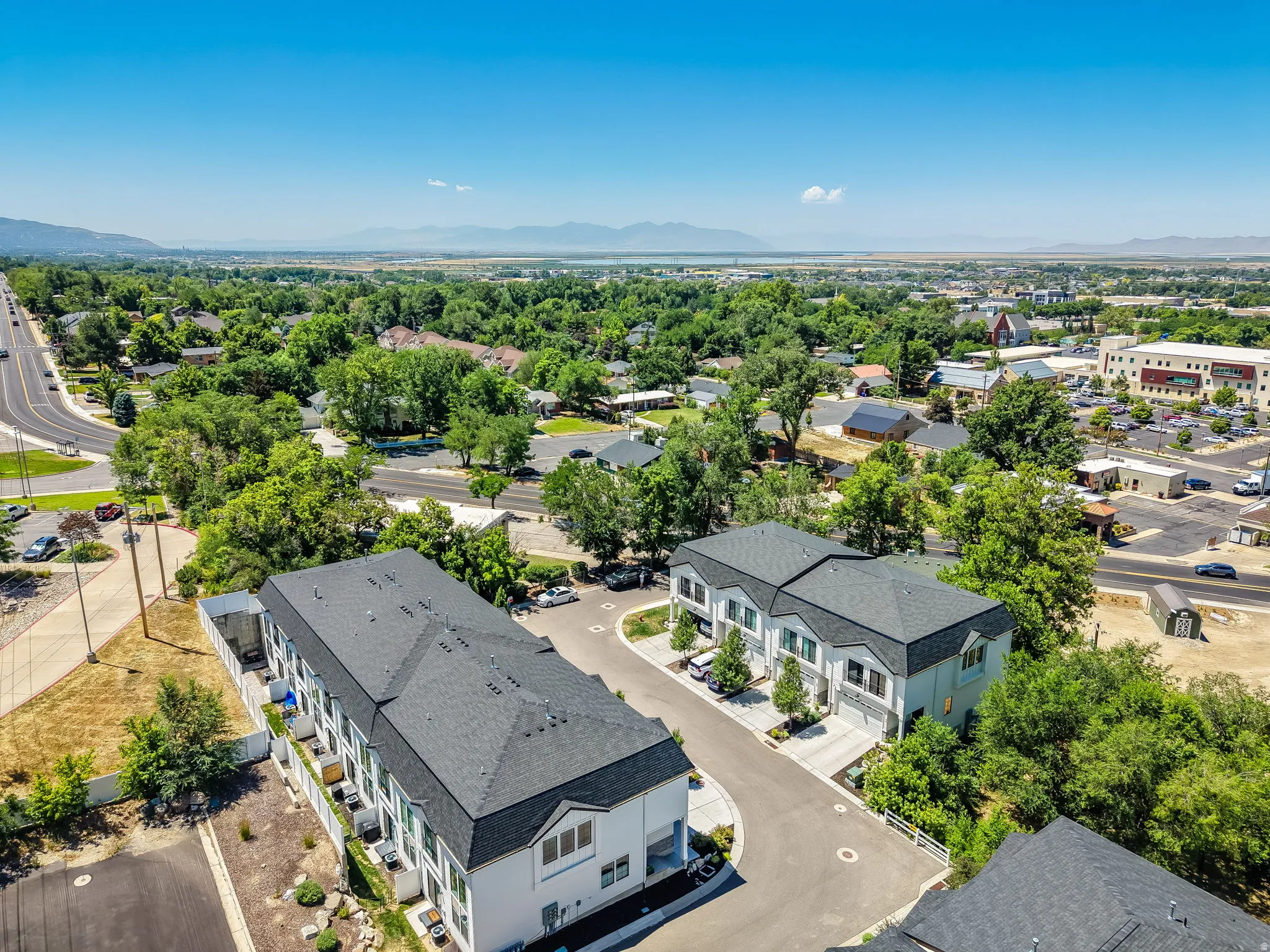 Aerial perspective showcasing a community townhomes