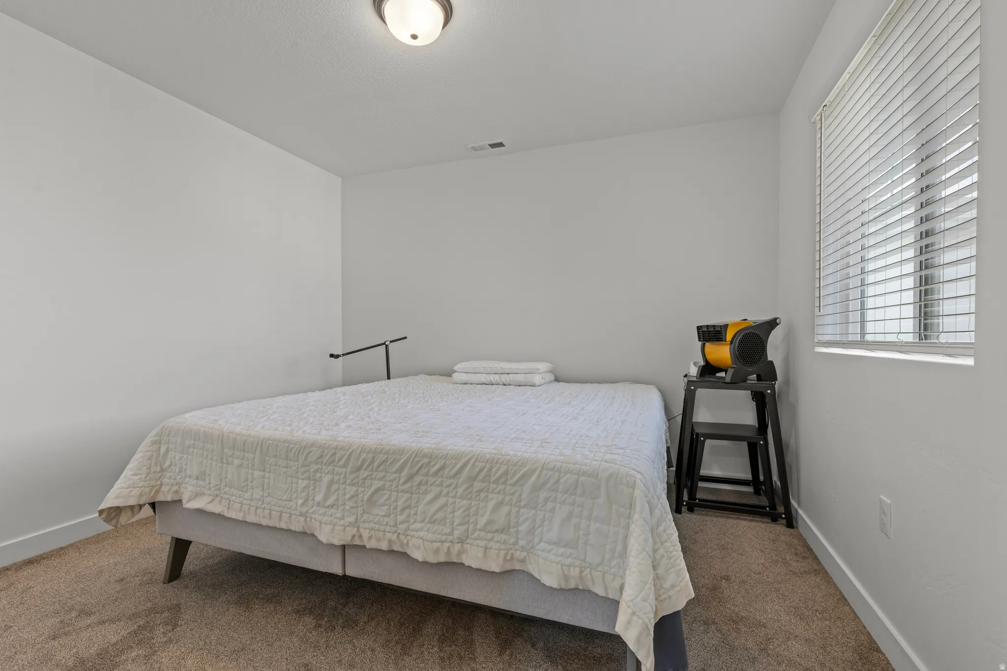 Carpeted room featuring a window with horizontal blinds, a white ceiling with a flush-mount light fixture, and white painted walls with matching baseboards