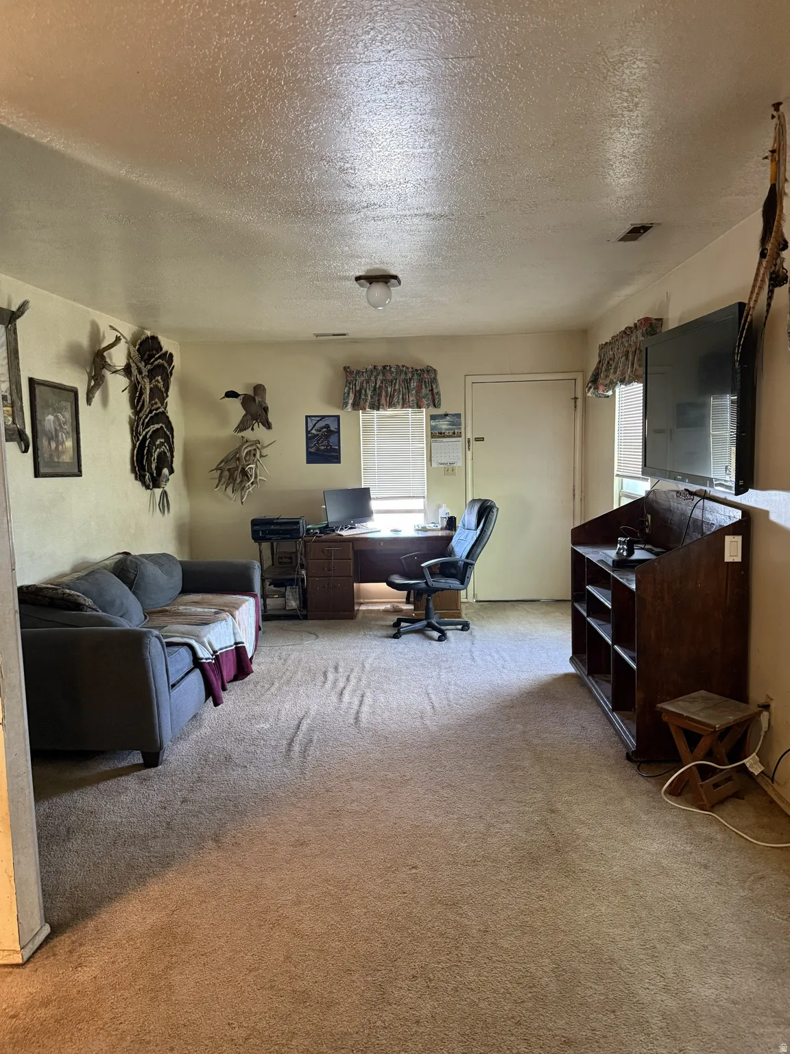 Carpeted interior space featuring a single ceiling light fixture, a window with horizontal blinds, and a built-in wooden desk with storage