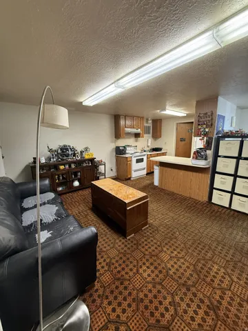 Open-concept living space featuring patterned carpet flooring and a kitchen area