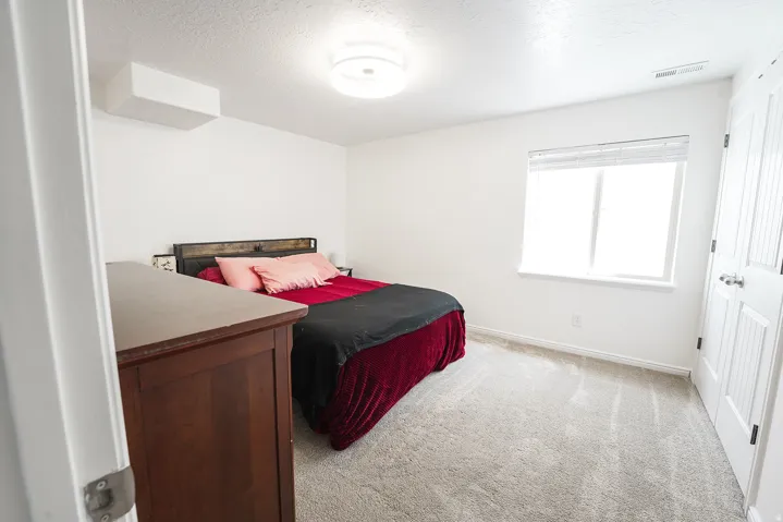 Light-filled room featuring a broad window with blinds, neutral carpet flooring, and white painted walls