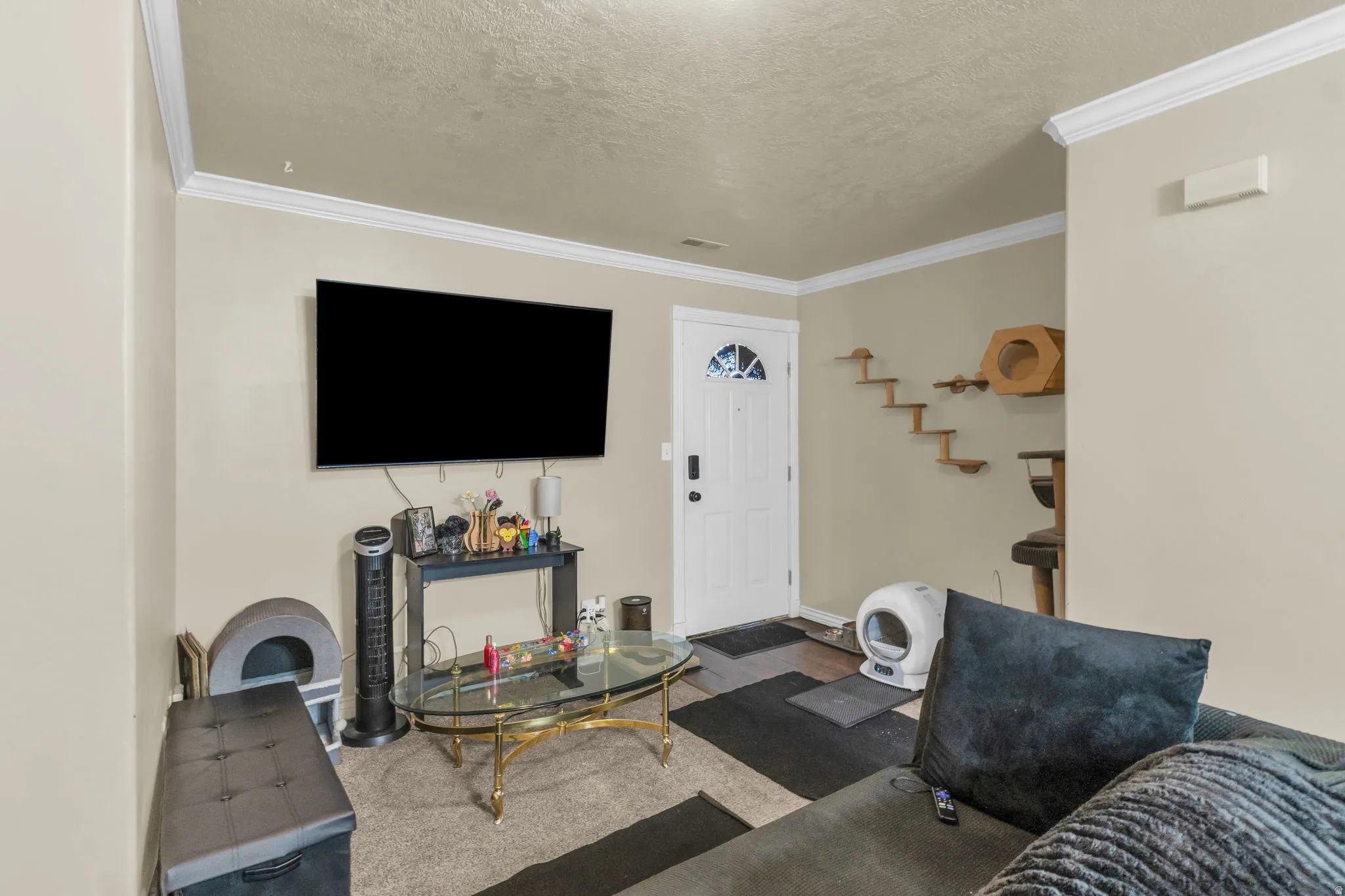 Living space with light-toned walls, ceiling-mounted light fixture, and crown molding