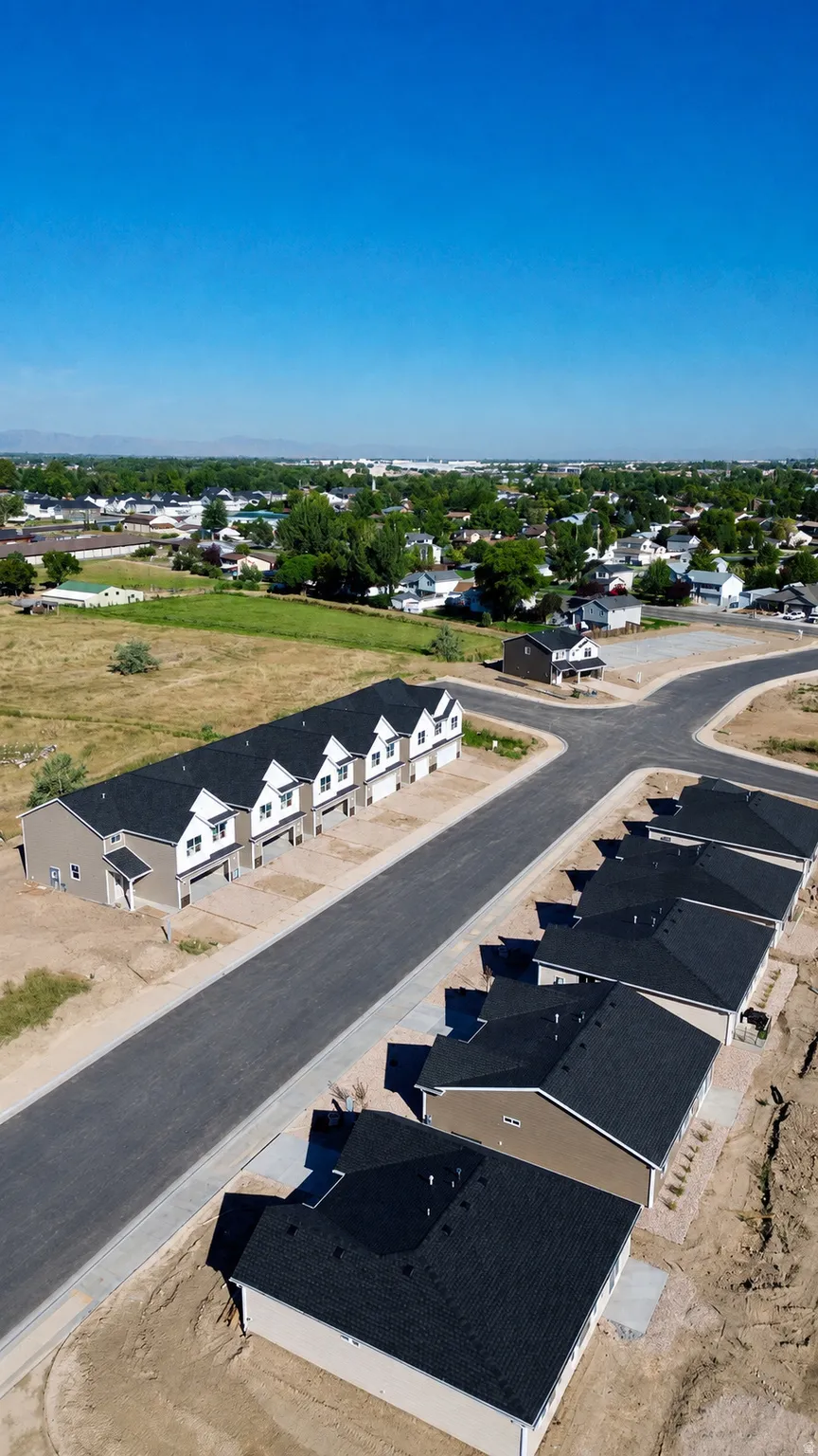 Newly constructed residences with dark shingle roofs, light-toned siding, and paved driveways