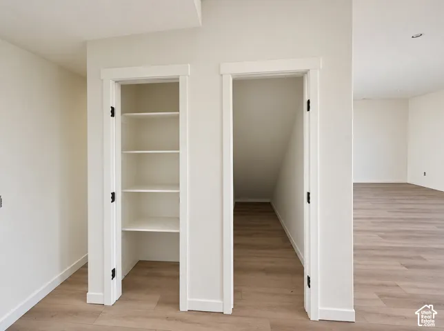 Versatile closet and storage spaces featuring white painted trim, built-in shelving with multiple tiers, and wood-finish flooring throughout