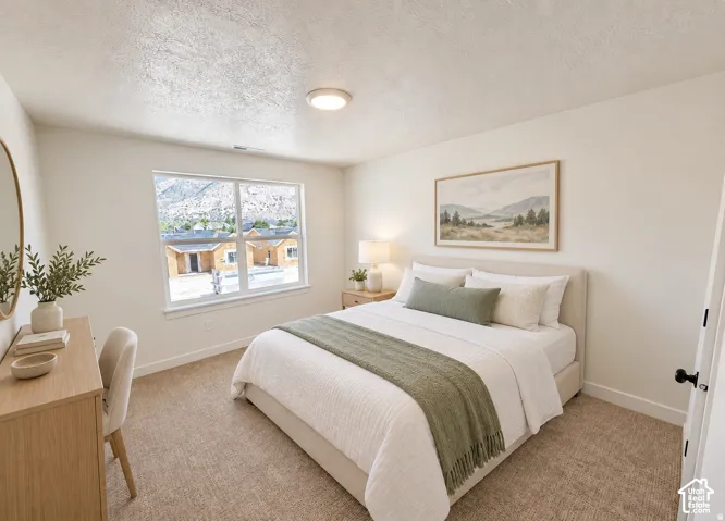 Light-filled interior featuring a window with a mountain backdrop, neutral wall tones, and textured carpeting