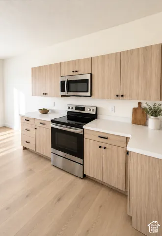 Wood-finish flooring, stainless steel appliances, light wood-finish cabinetry, white countertops, and black cabinet hardware
