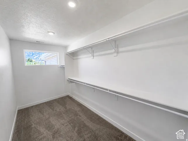 Spacious interior featuring a window, recessed ceiling lighting, wall-mounted shelving, and carpet flooring