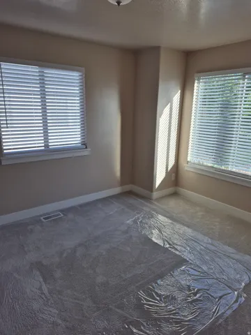 Carpeted interior space featuring neutral wall tones, two windows with horizontal blinds, and a flush-mount ceiling light fixture