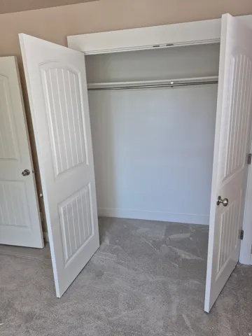 Spacious closet featuring bi-fold doors with vertical paneling, a single hanging rod, and light gray carpeting