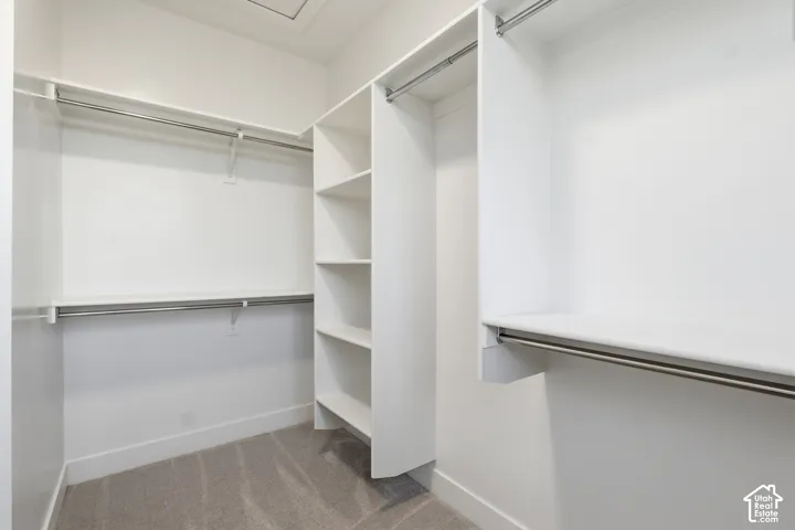 Walk-in closet featuring built-in shelving, multiple hanging rods, white-painted walls, white baseboards, and neutral-toned carpeting