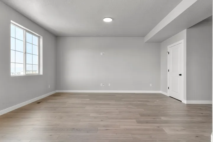 Spacious room featuring light wood-finish flooring, a multi-pane window, white baseboards, a white panel door, and recessed lighting