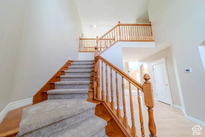 Grand staircase featuring carpeted treads and natural wood risers
