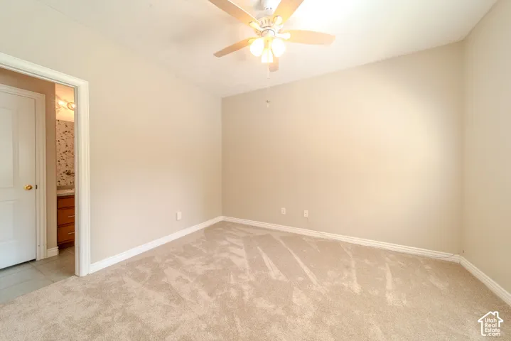 Carpeted room with a ceiling fan light fixture and neutral wall tones