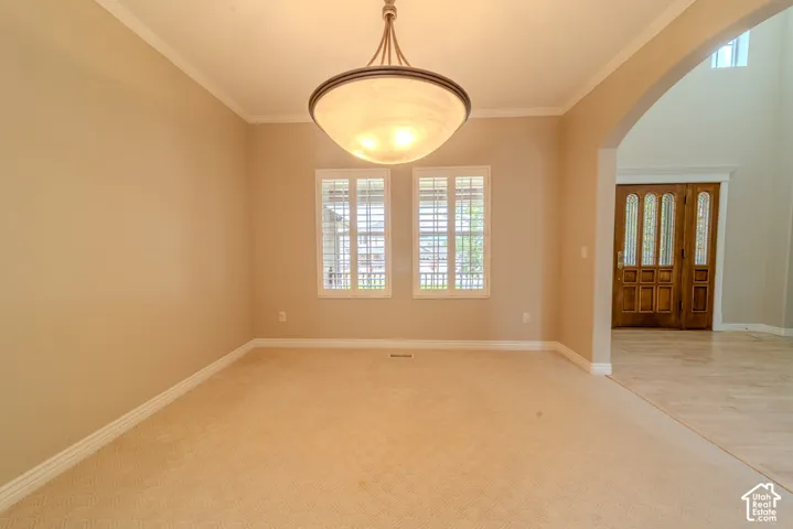 Carpeted interior space featuring a central ceiling light fixture and two windows with white plantation shutters