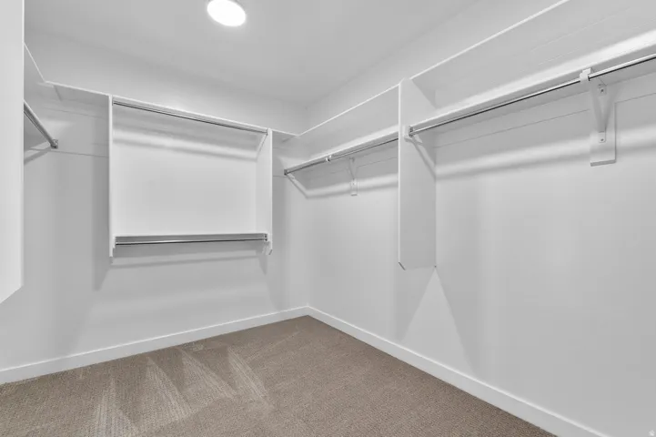 Spacious closet featuring white built-in shelving, multiple hanging rods, recessed ceiling lighting, and soft carpet flooring