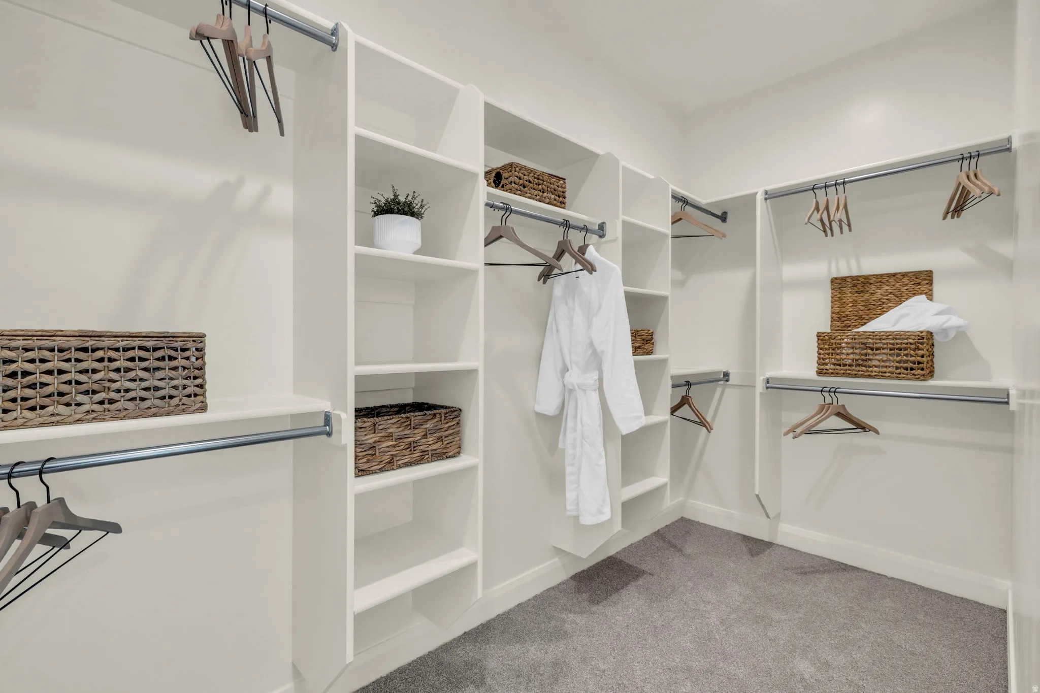Expansive walk-in closet featuring white built-in shelving, multiple hanging rods, and gray carpet flooring