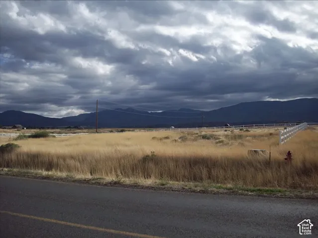 Expansive land parcel featuring natural grasses and a white perimeter fence, bordered by paved roadway