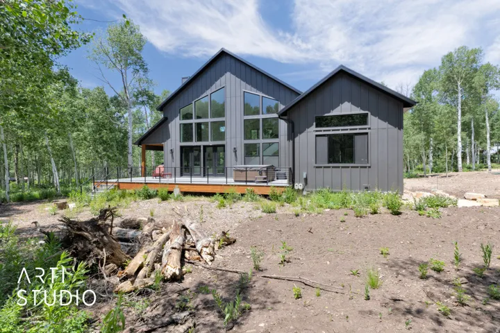 Modern exterior featuring vertical dark gray siding, a black gabled roof, and a wood-finish deck with black railings