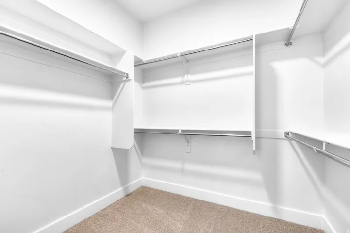 Walk-in closet featuring white built-in shelving, multiple chrome hanging rods, and light brown carpeting