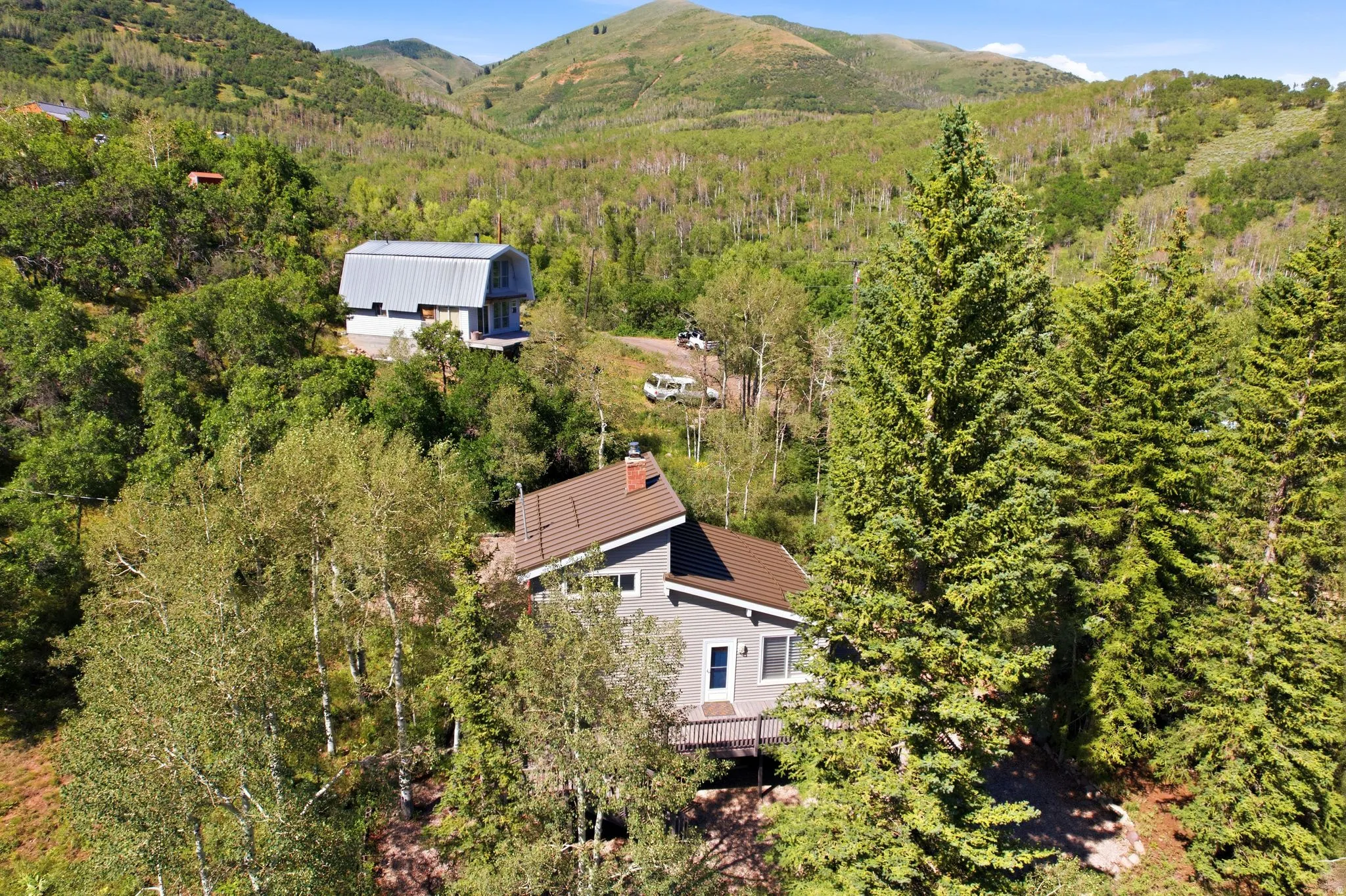 Property exterior with a brown tile roof and light gray siding, surrounded by mature evergreen and deciduous trees