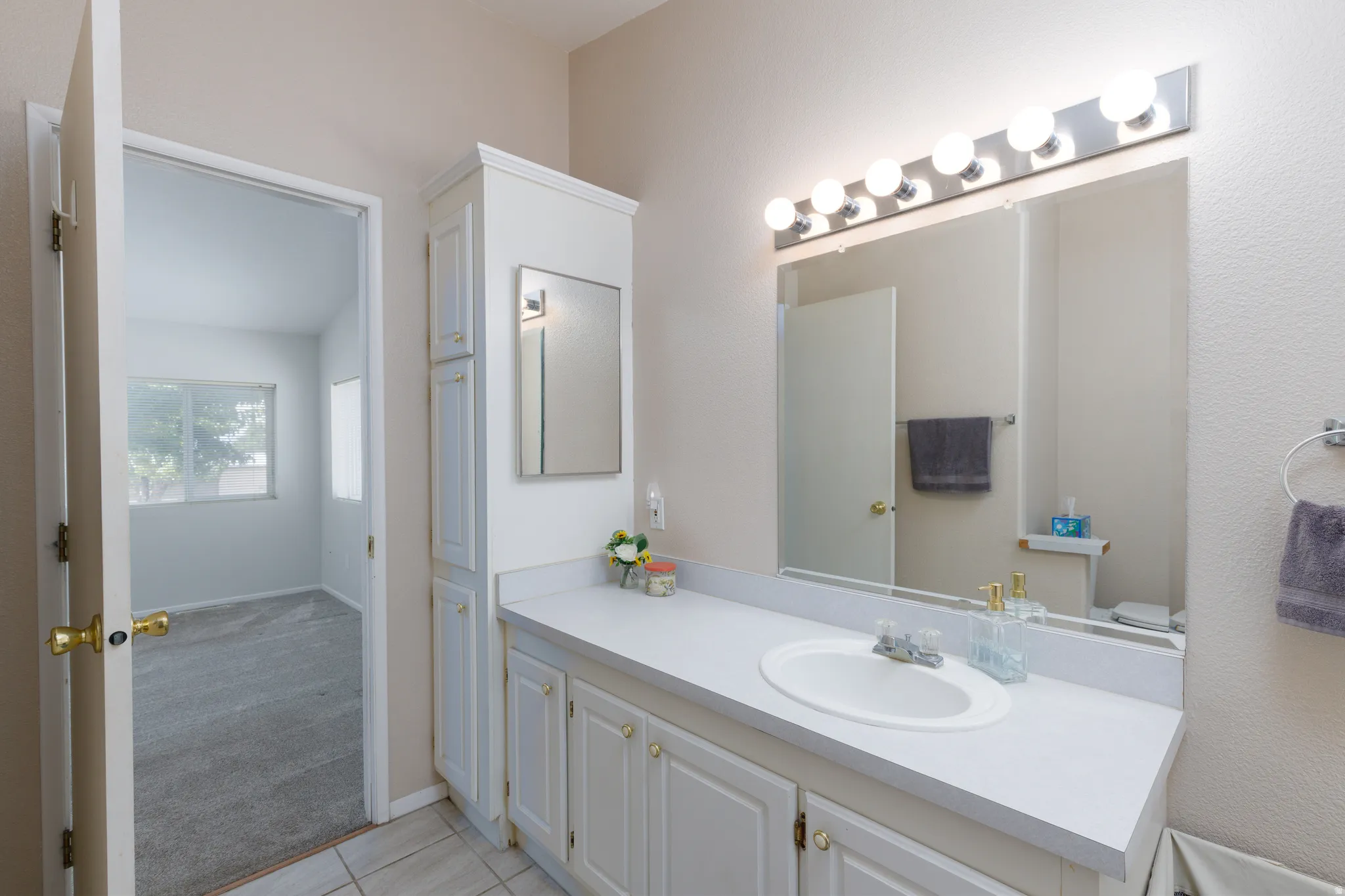 Bathroom vanity featuring a single basin, laminate countertop, and built-in white cabinetry with gold-toned hardware