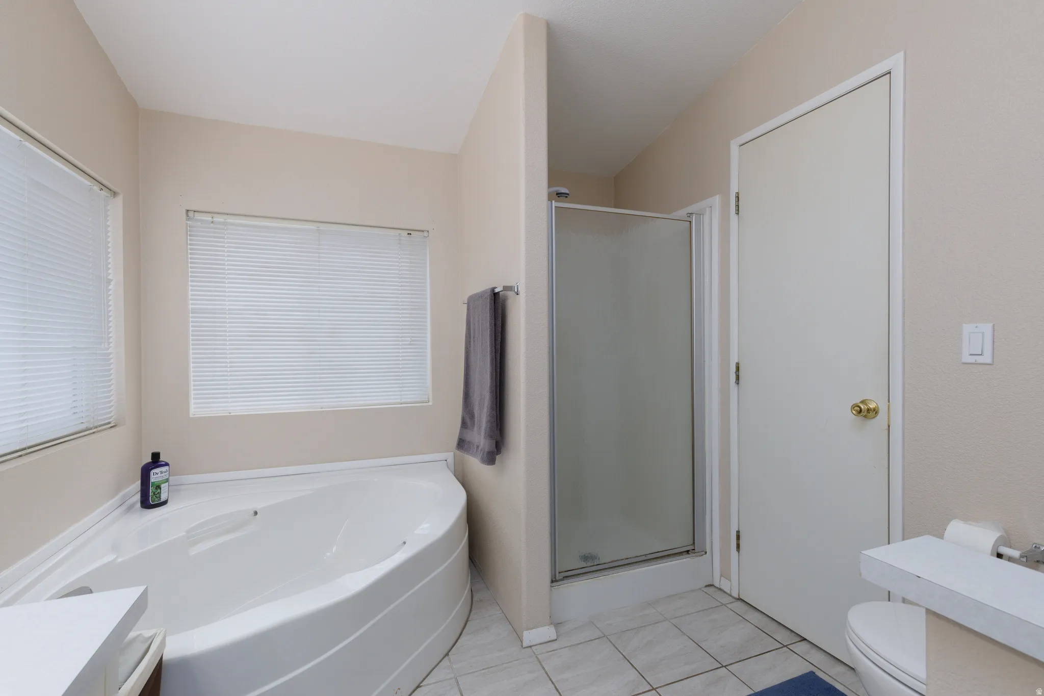 Bathroom featuring a corner soaking tub, a separate shower enclosure with frosted glass, and tile flooring